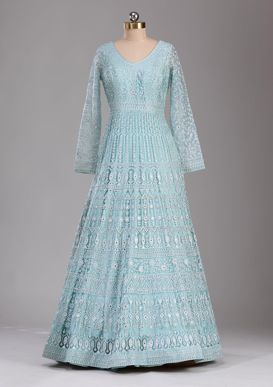 Sky Blue Silver Stonework Net Readymade Gown