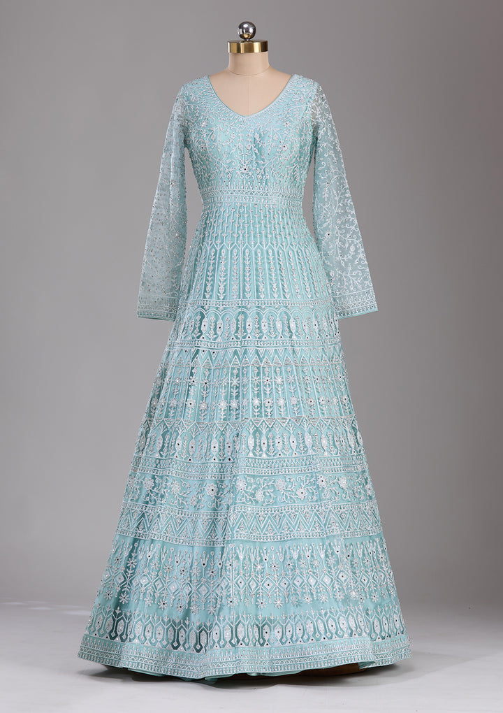 Sky Blue Silver Stonework Net Readymade Gown