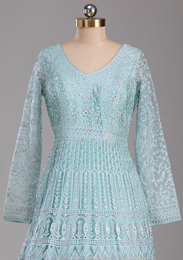 Sky Blue Silver Stonework Net Readymade Gown