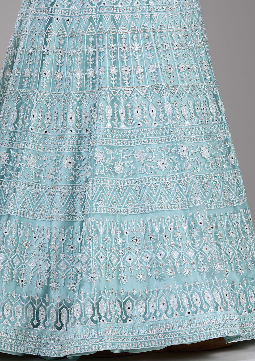 Sky Blue Silver Stonework Net Readymade Gown