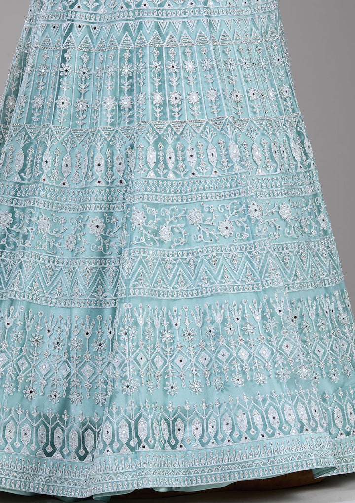 Sky Blue Silver Stonework Net Readymade Gown