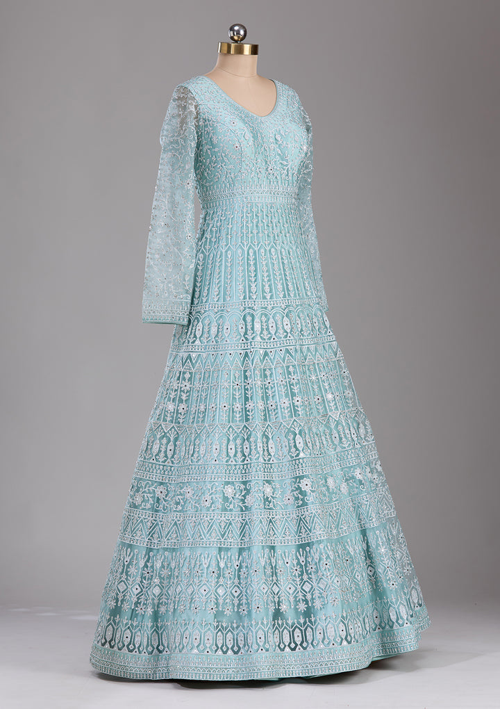 Sky Blue Silver Stonework Net Readymade Gown