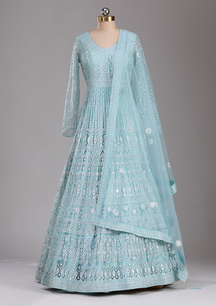 Sky Blue Silver Stonework Net Readymade Gown