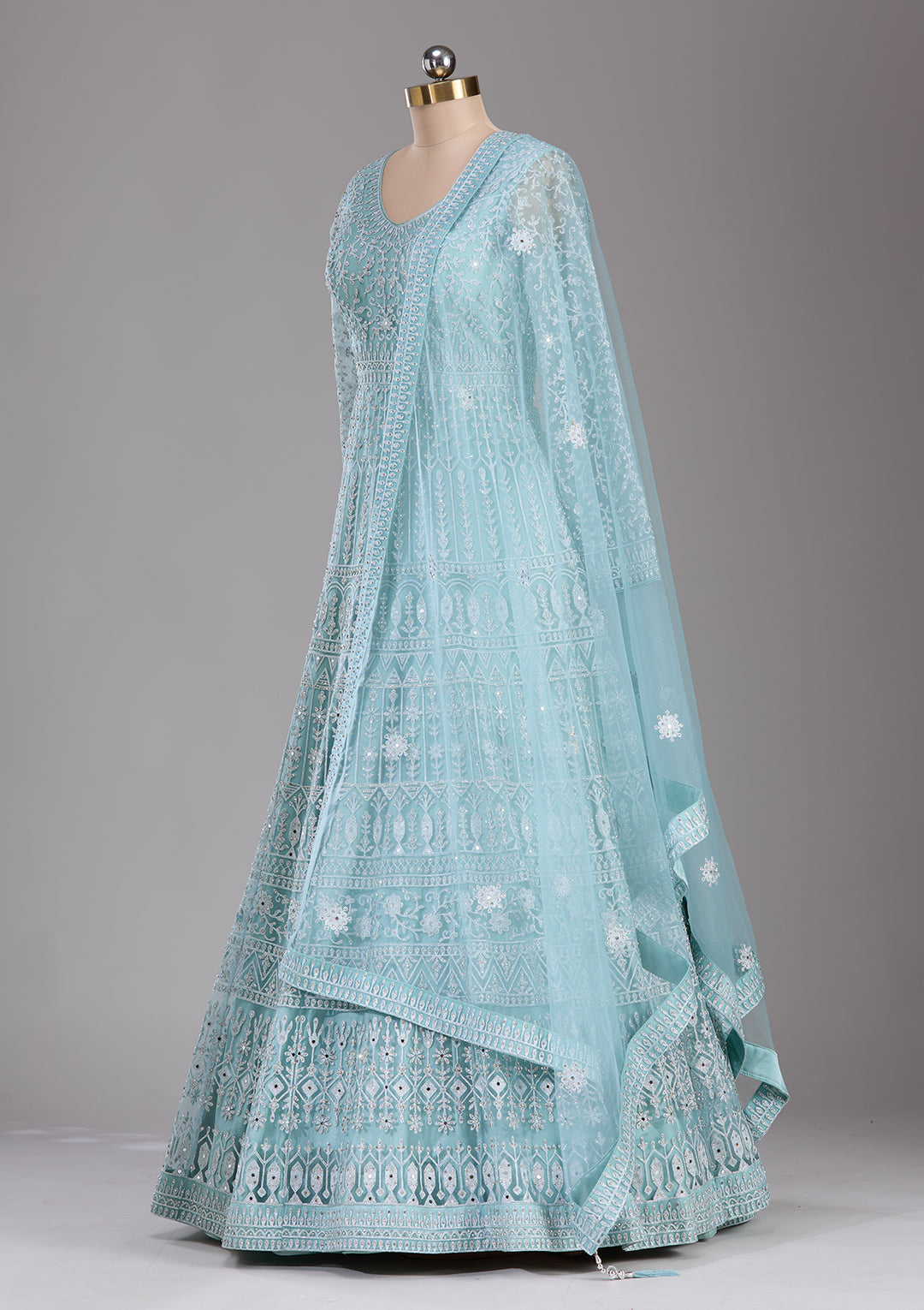 Sky Blue Silver Stonework Net Readymade Gown
