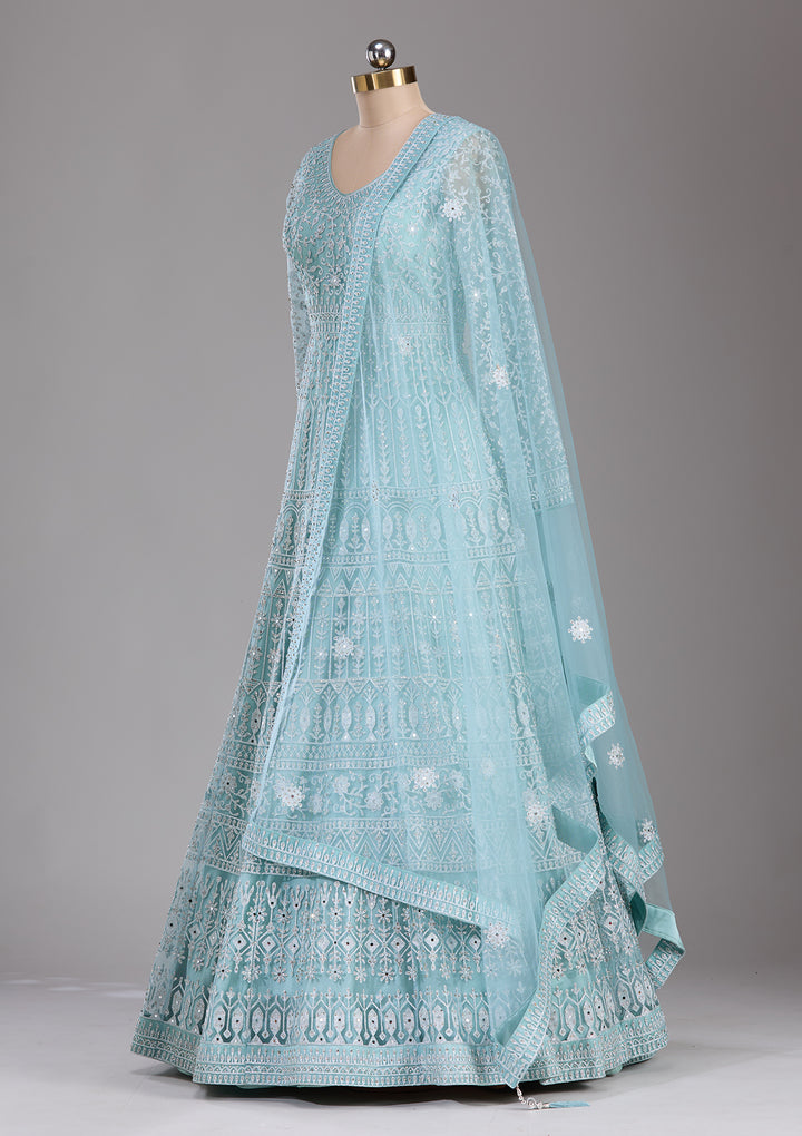 Sky Blue Silver Stonework Net Readymade Gown