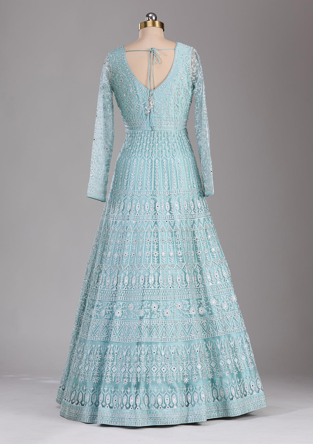 Sky Blue Silver Stonework Net Readymade Gown