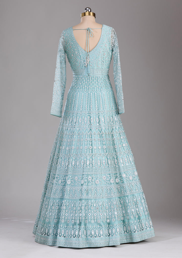 Sky Blue Silver Stonework Net Readymade Gown