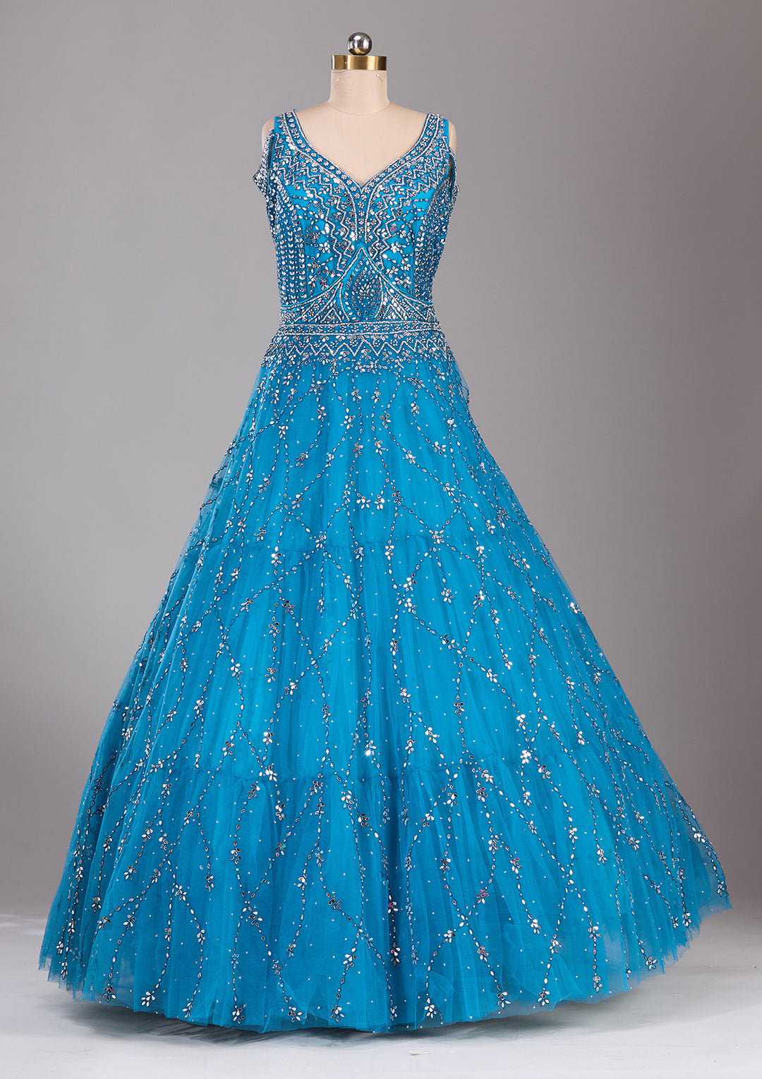 Koskii Blue Net Lehenga – Embellished with Silver Stonework