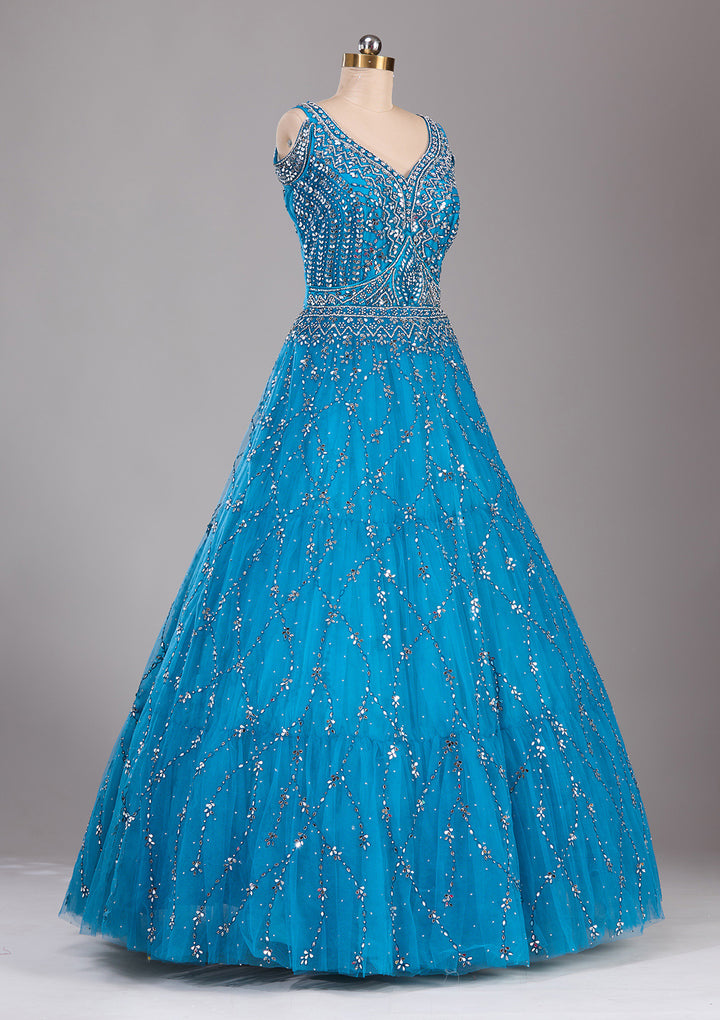 Koskii Blue Net Lehenga – Embellished with Silver Stonework
