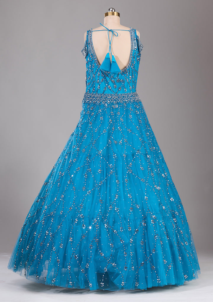 Koskii Blue Net Lehenga – Embellished with Silver Stonework
