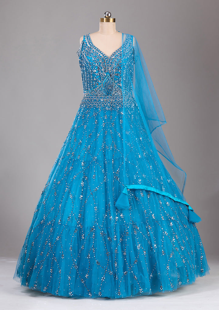 Koskii Blue Net Lehenga – Embellished with Silver Stonework