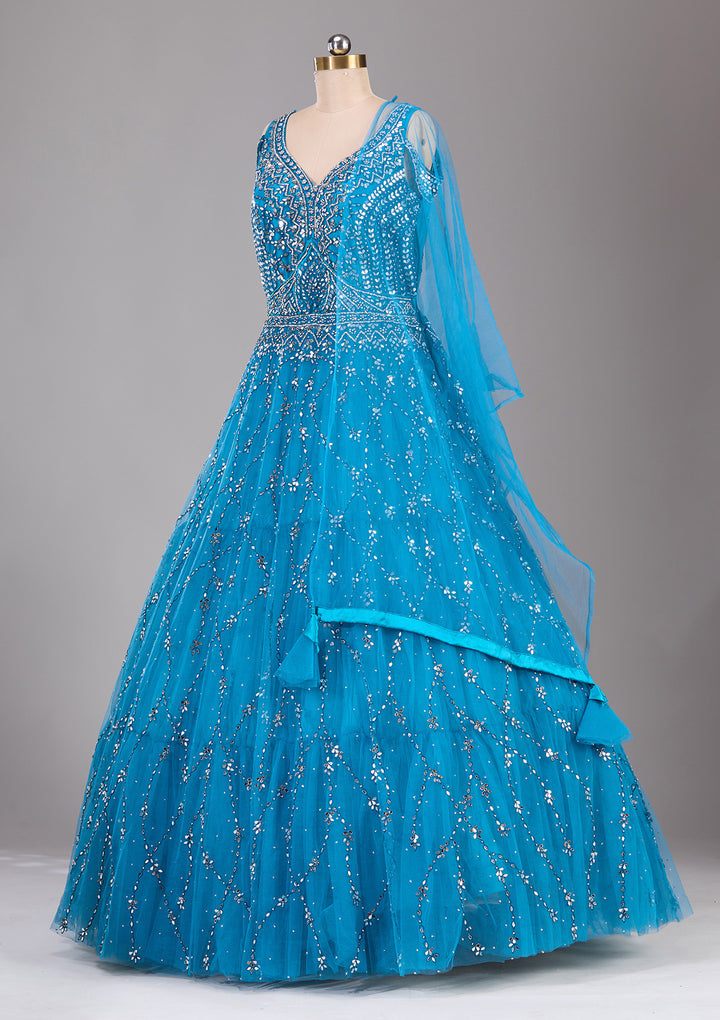 Koskii Blue Net Lehenga – Embellished with Silver Stonework