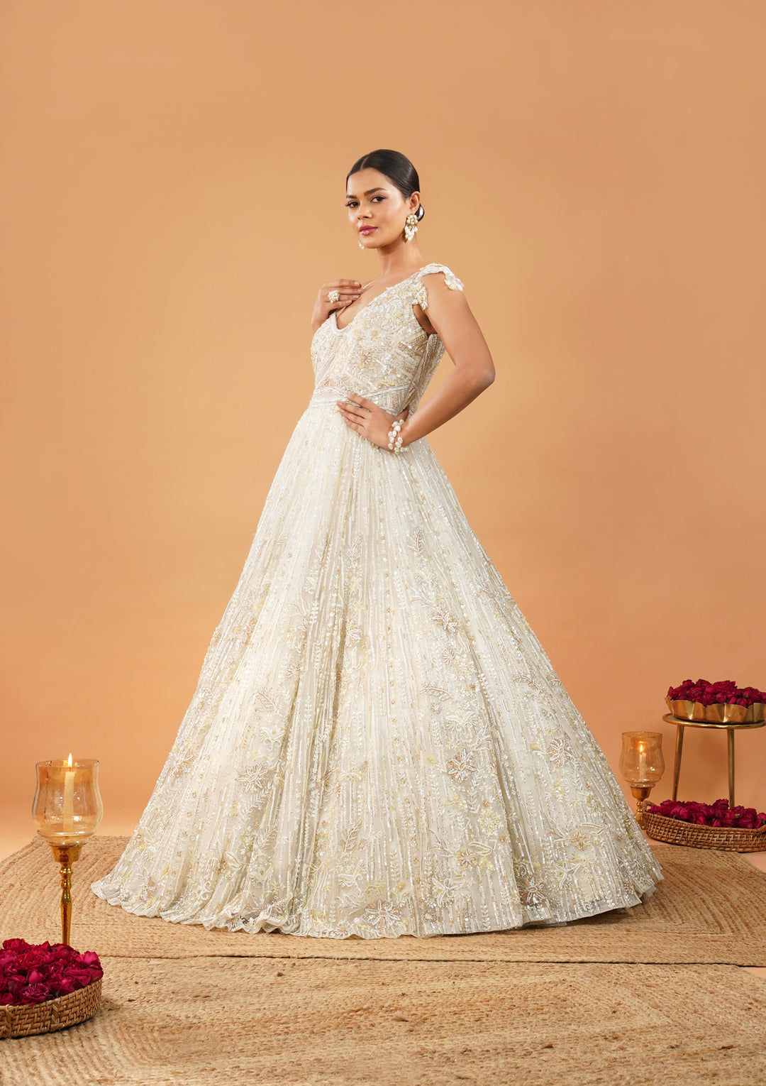 Off White Threadwork Net Gown