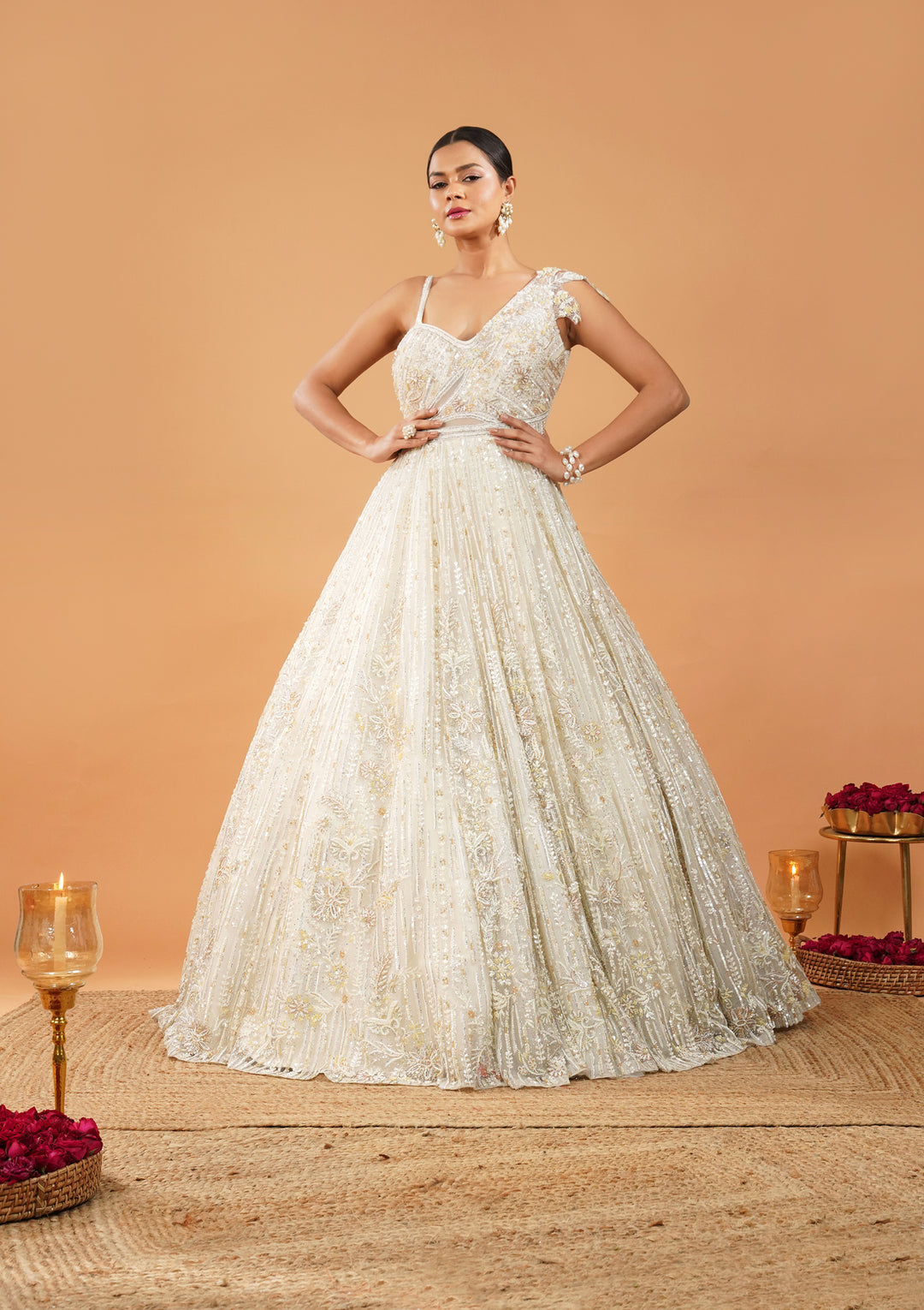 Off White Threadwork Net Gown