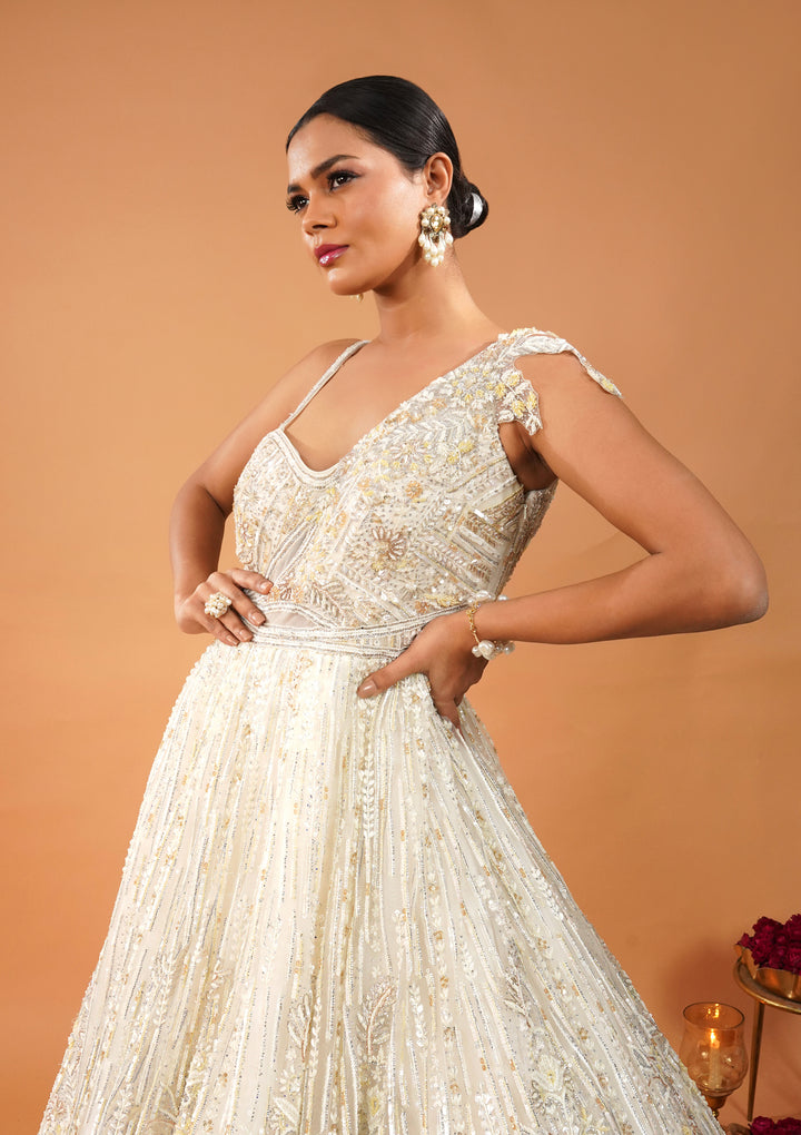 Off White Threadwork Net Gown