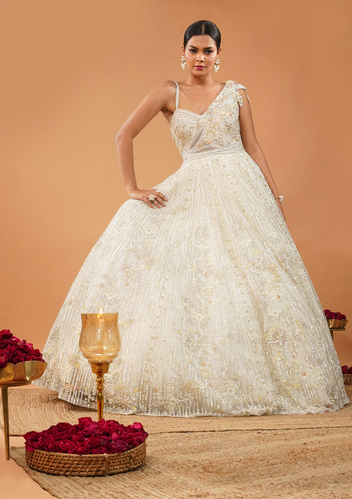 Off White Threadwork Net Gown