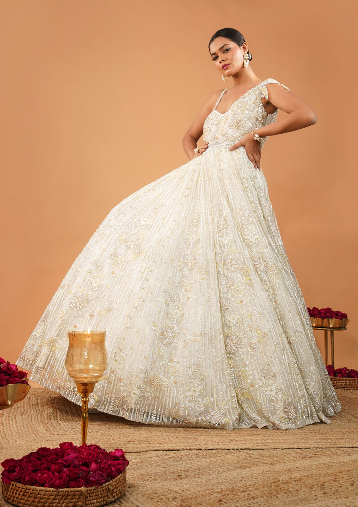 Off White Threadwork Net Gown