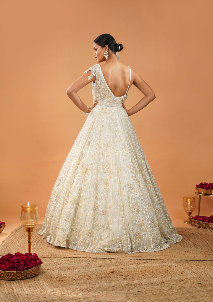 Off White Threadwork Net Gown