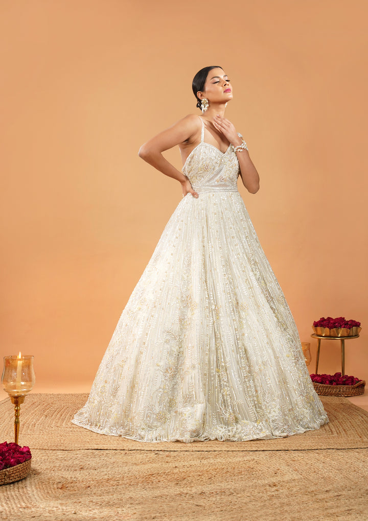 Off White Threadwork Net Gown