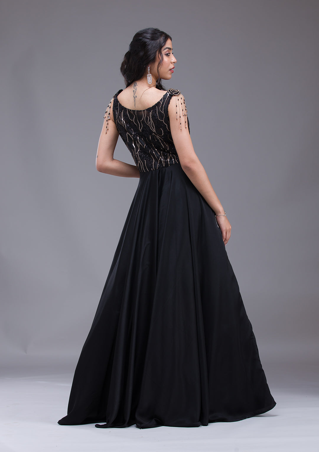 Black Sequins Satin Gown