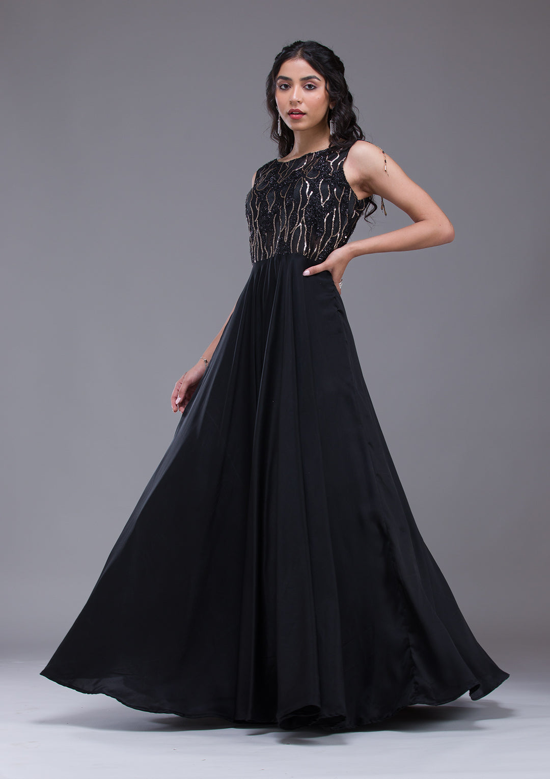 Black Sequins Satin Gown