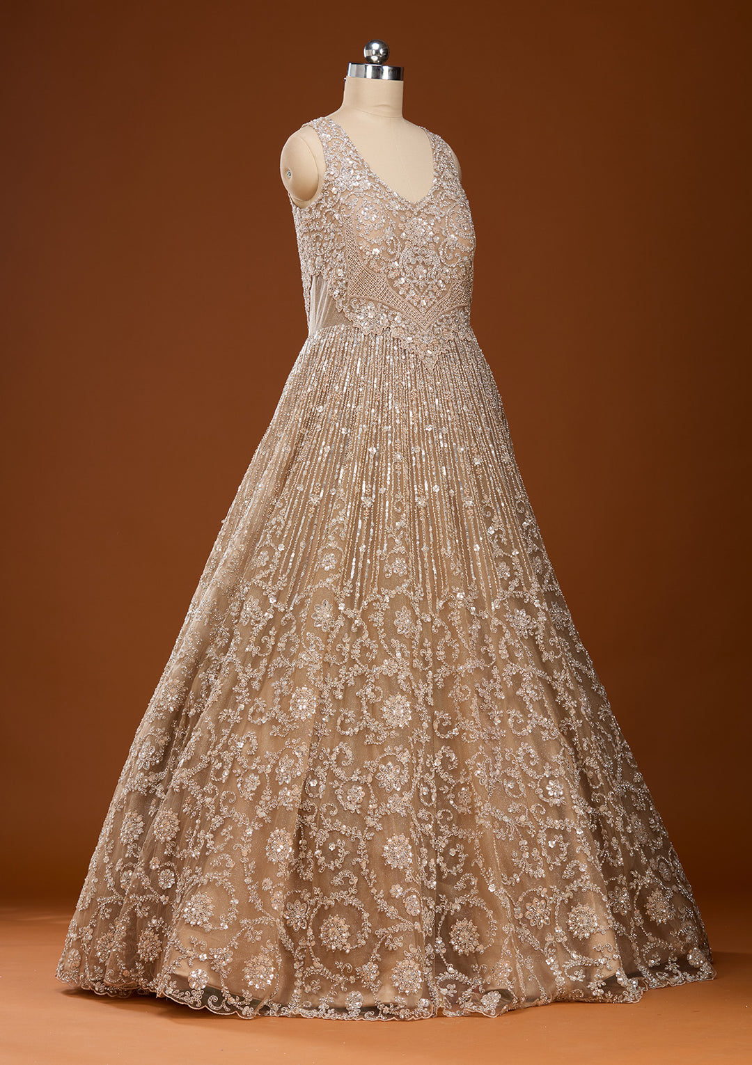 Beige Stonework Net Gown