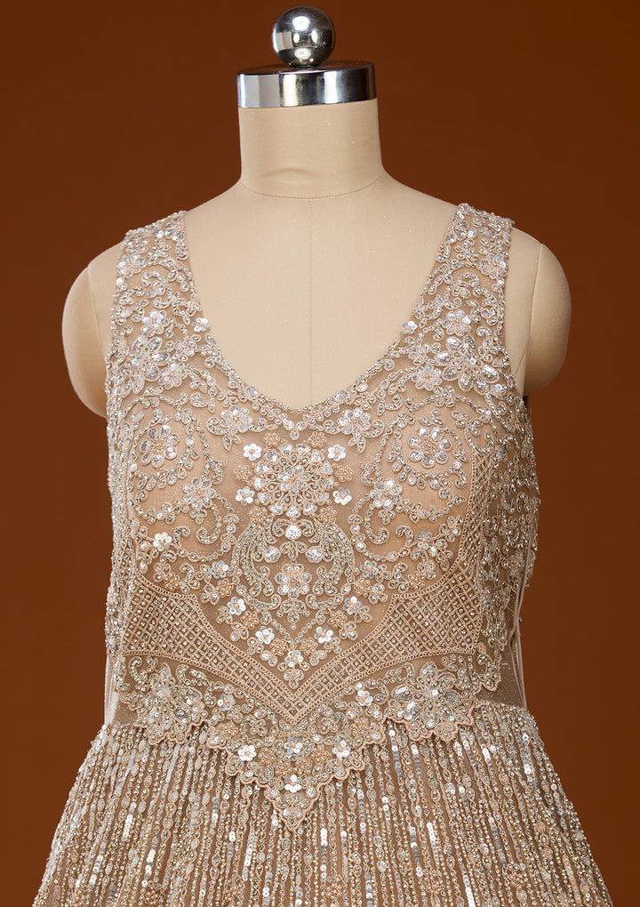 Beige Stonework Net Gown
