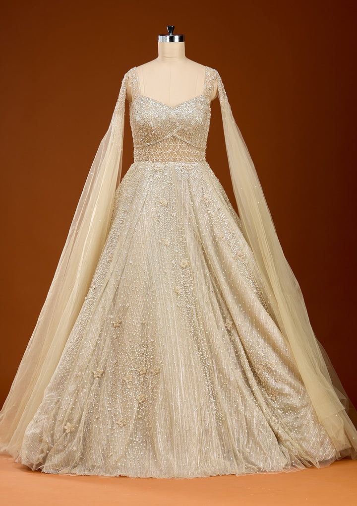 Beige Pearlwork Net Gown