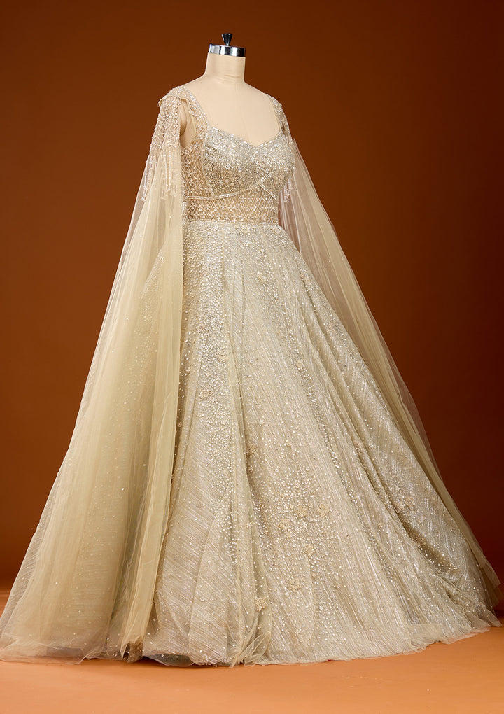 Beige Pearlwork Net Gown