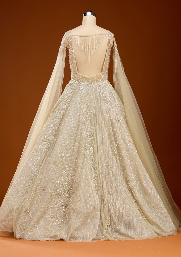 Beige Pearlwork Net Gown