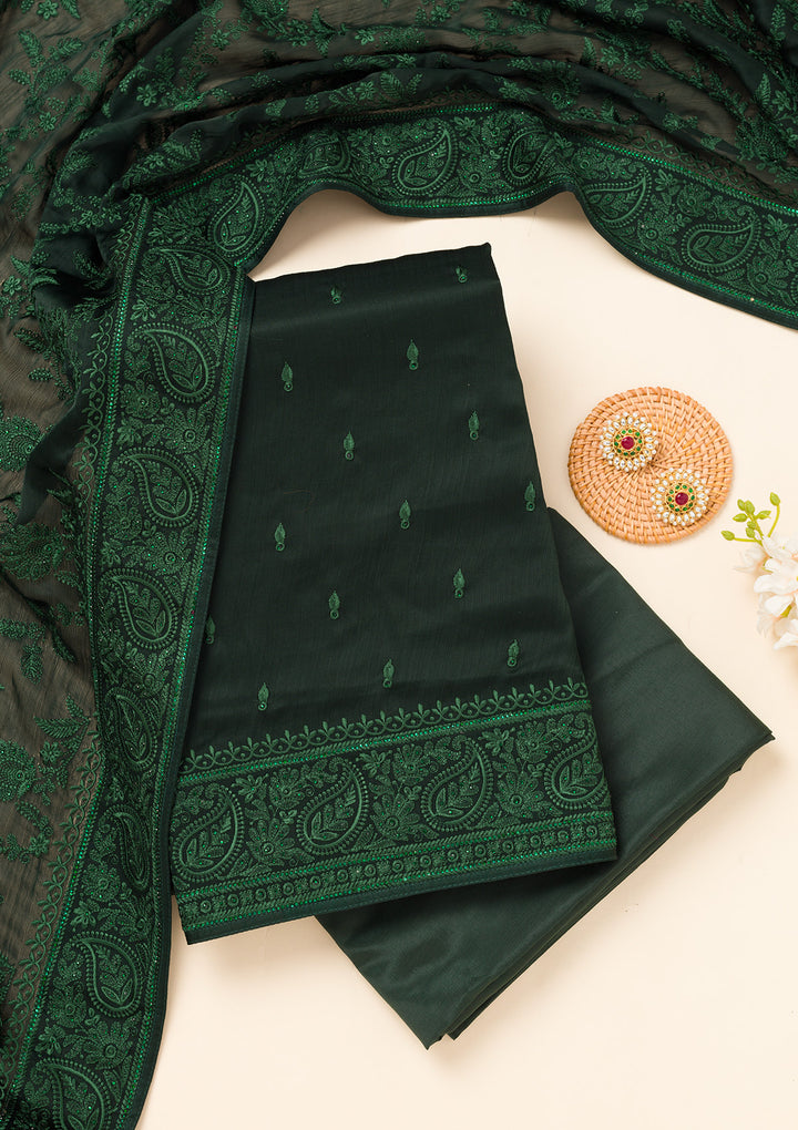 Bottle Green Swarovski Semi Crepe Unstitched Salwar Suit