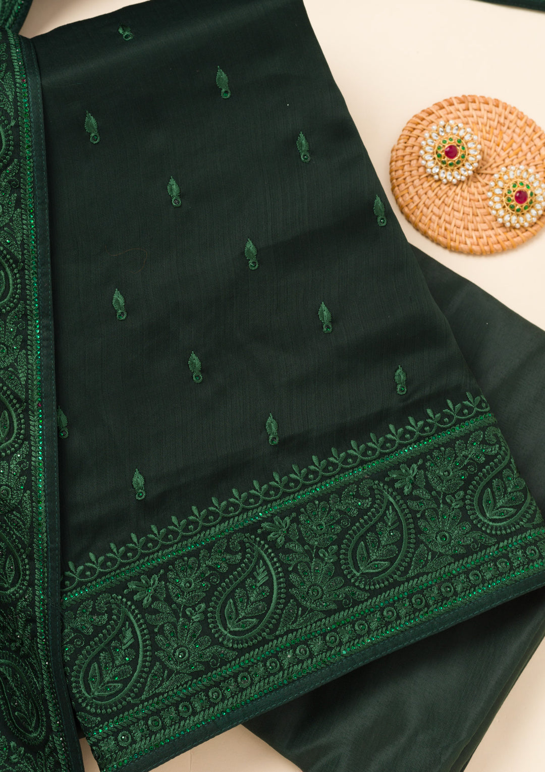 Bottle Green Swarovski Semi Crepe Unstitched Salwar Suit