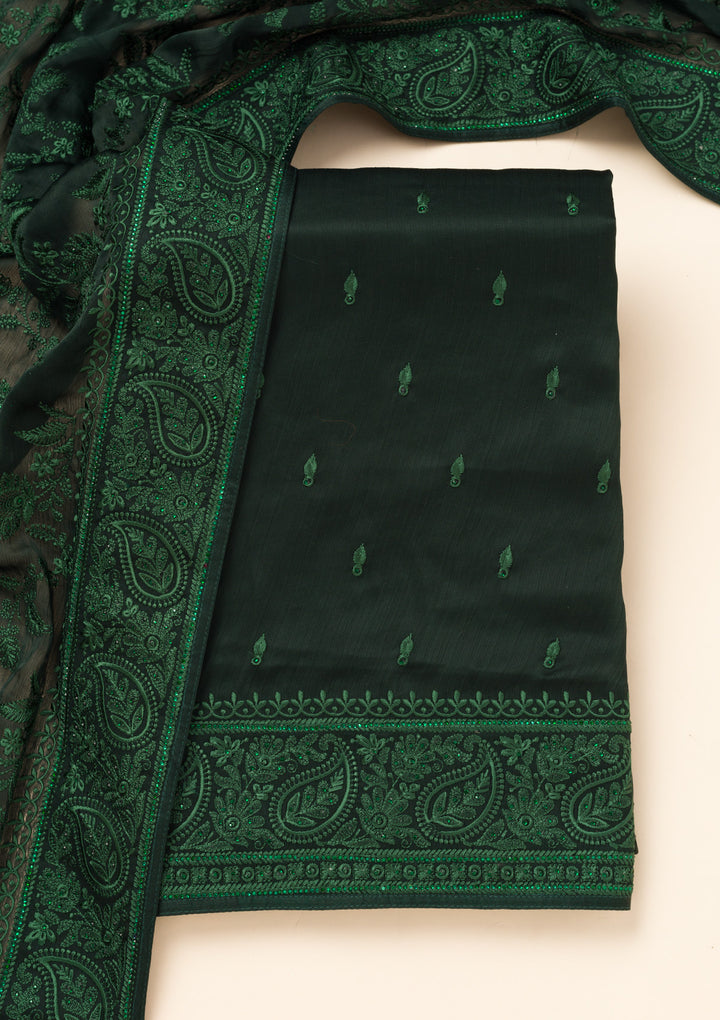 Bottle Green Swarovski Semi Crepe Unstitched Salwar Suit
