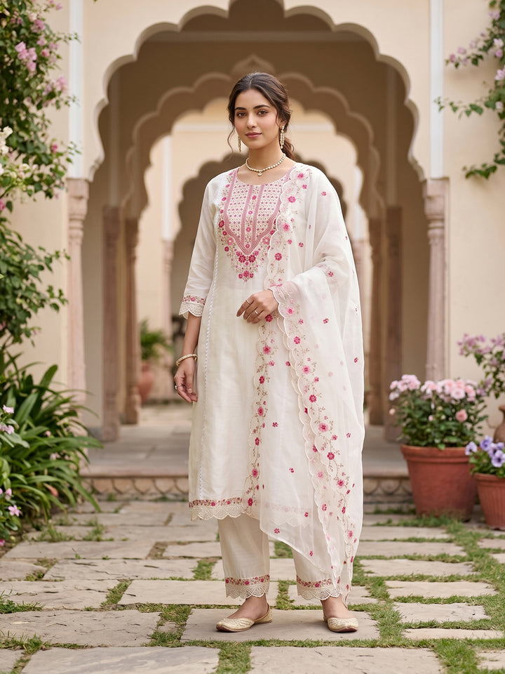 Off White Art Silk Threadwork A Line Kurta With Pant Regular And Dupatta