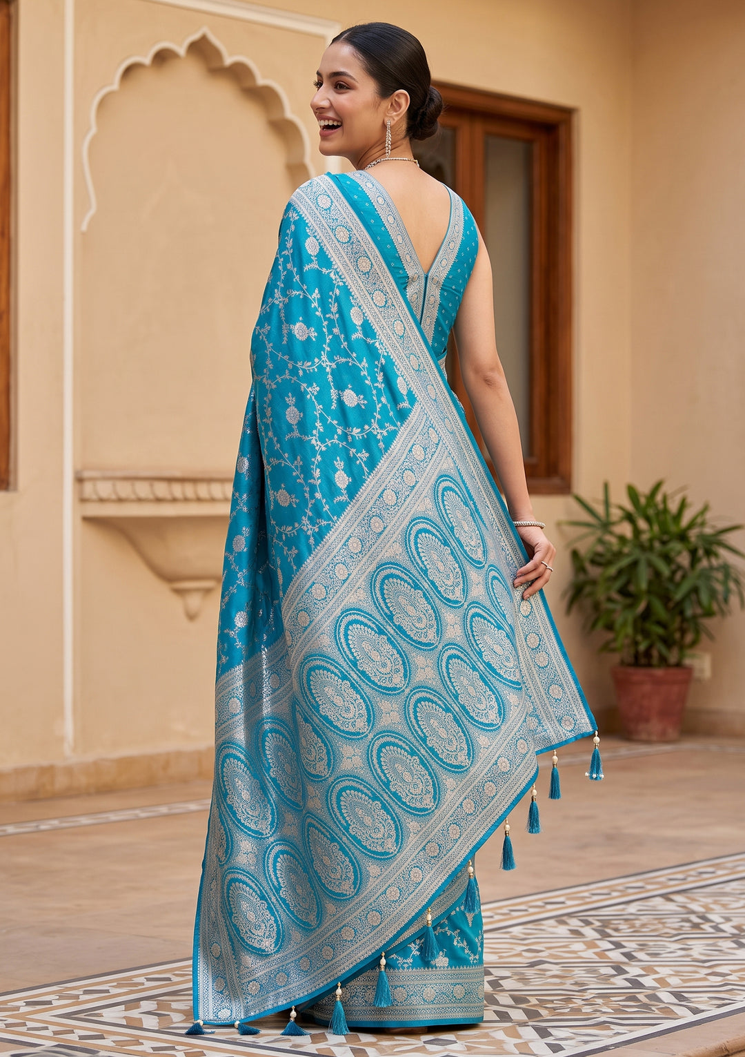 Turquoise Blue Silk Jaal Gold Stonework Saree With Matching Blouse Piece