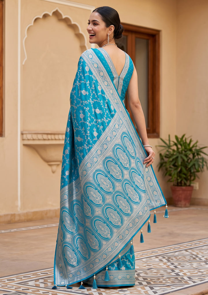 Turquoise Blue Silk Jaal Gold Stonework Saree With Matching Blouse Piece