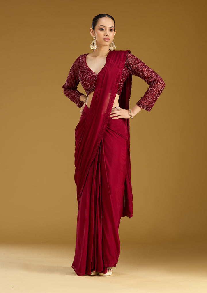 Maroon Cutdana Satin Readymade Saree