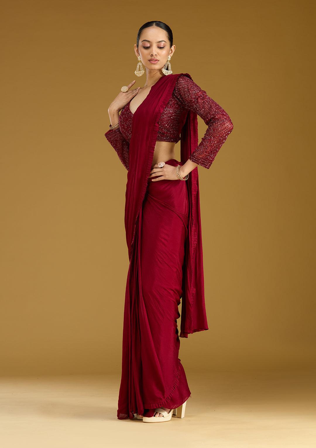 Maroon Cutdana Satin Readymade Saree