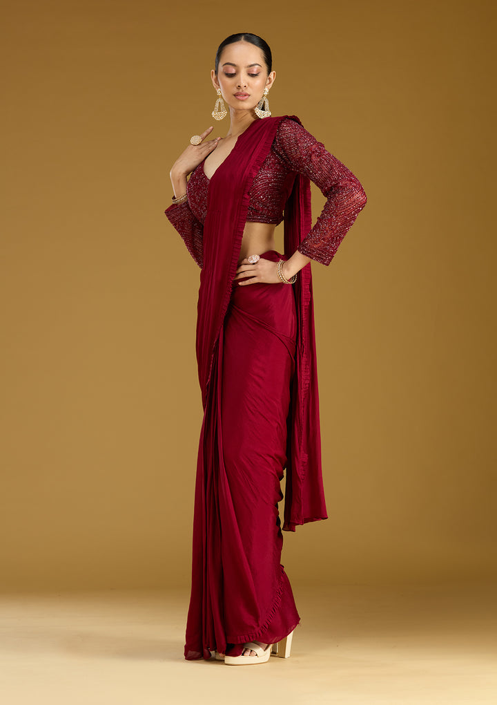 Maroon Cutdana Satin Readymade Saree
