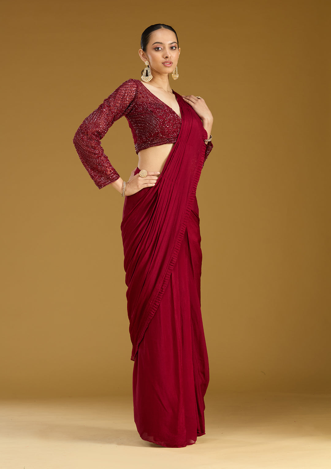 Maroon Cutdana Satin Readymade Saree