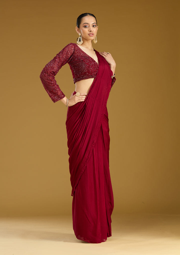 Maroon Cutdana Satin Readymade Saree