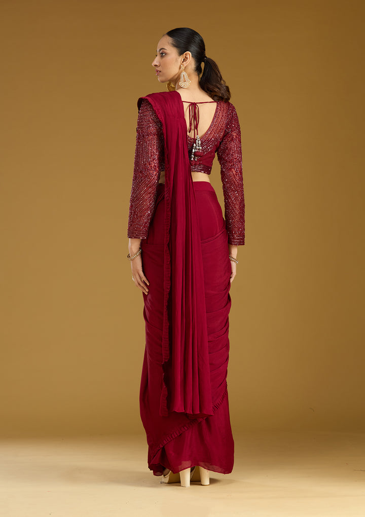 Maroon Cutdana Satin Readymade Saree