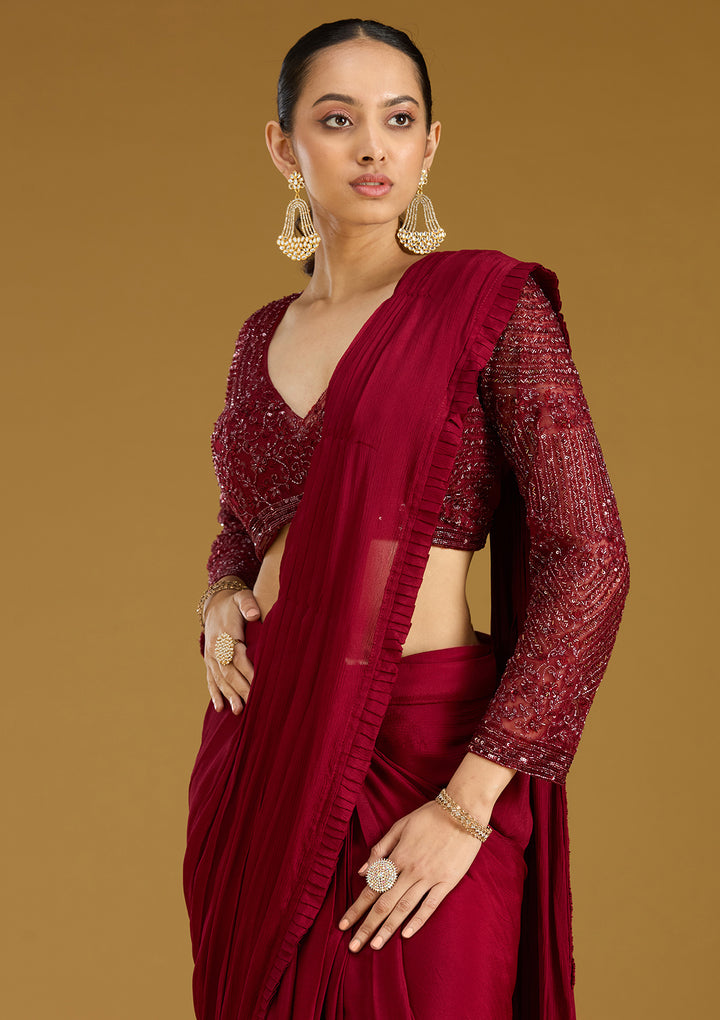 Maroon Cutdana Satin Readymade Saree