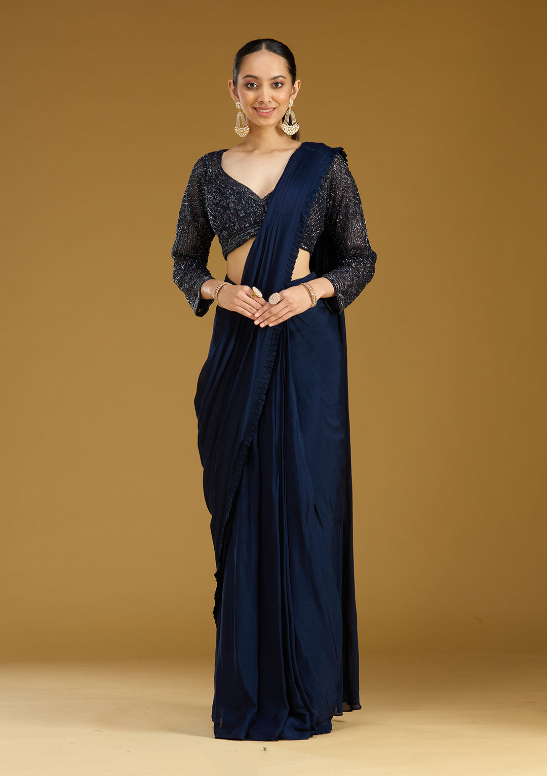 Navy Blue Satin Cutdana Saree With Matching Blouse Piece