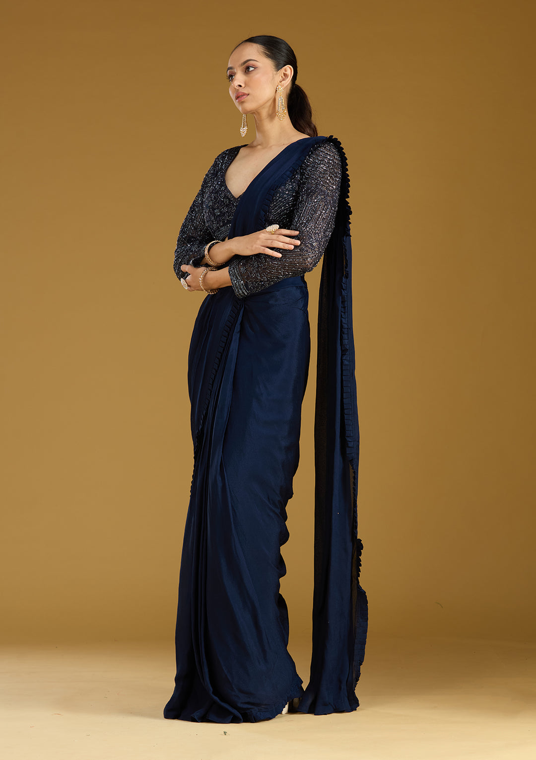 Navy Blue Satin Cutdana Saree With Matching Blouse Piece