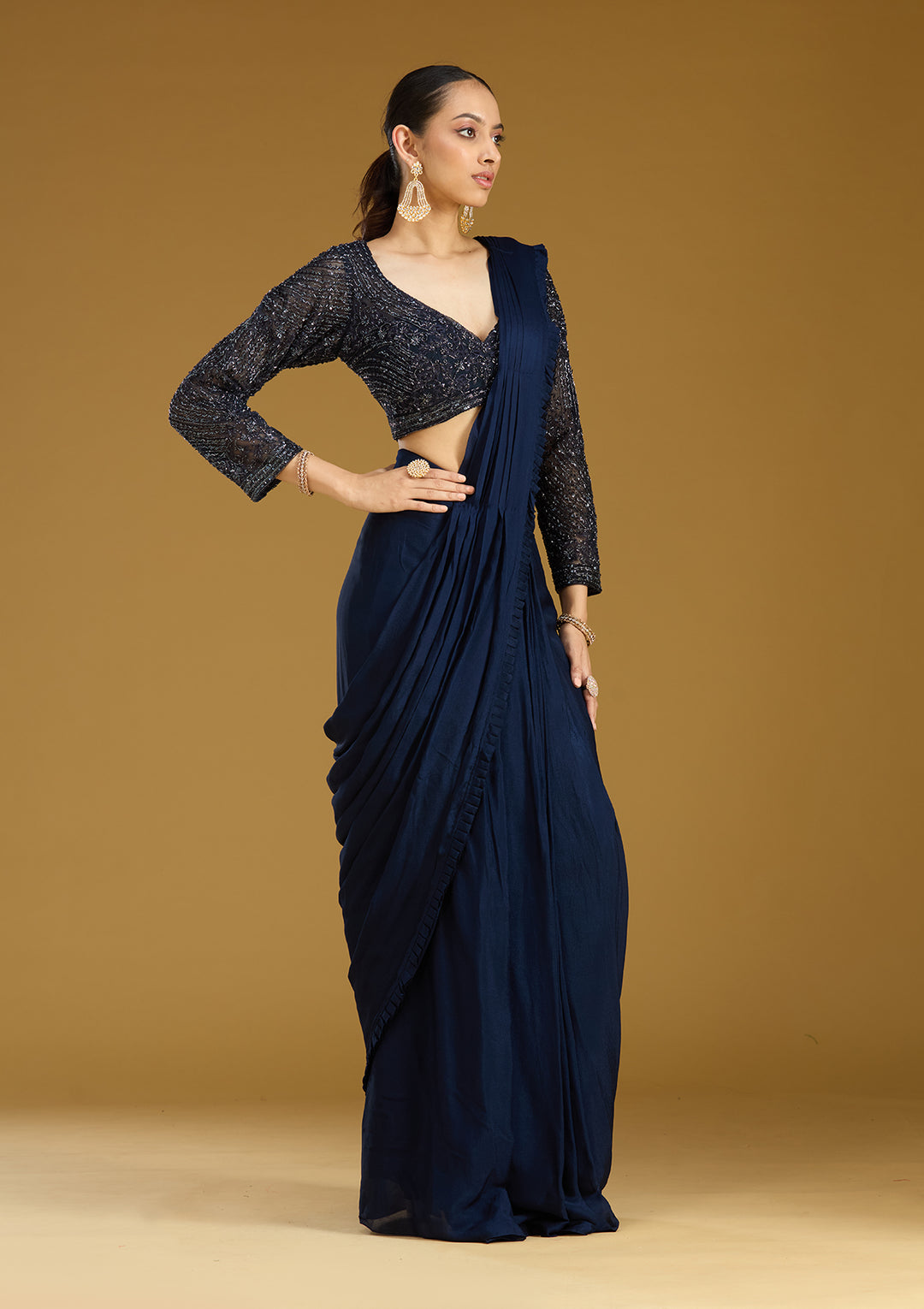 Navy Blue Satin Cutdana Saree With Matching Blouse Piece