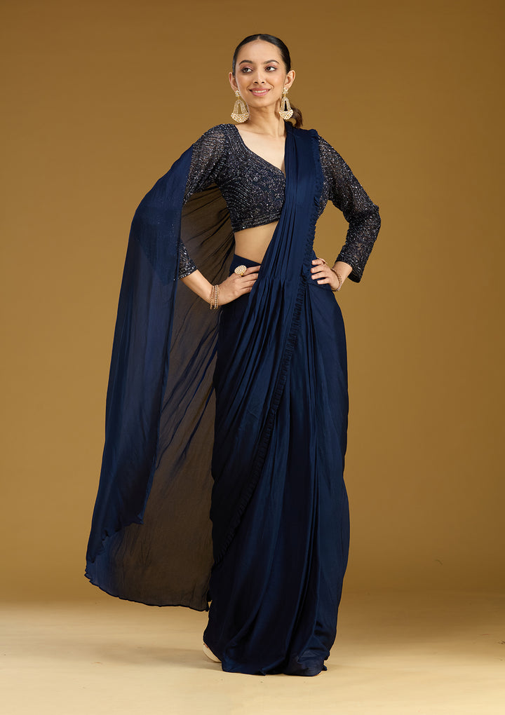 Navy Blue Satin Cutdana Saree With Matching Blouse Piece