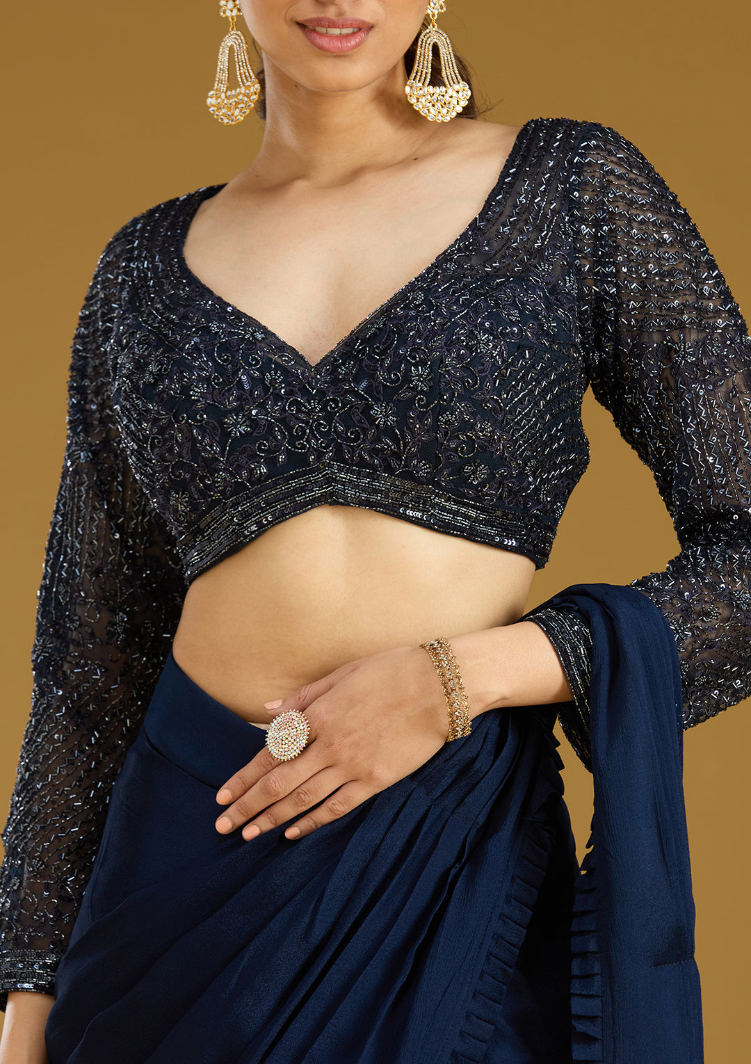 Navy Blue Satin Cutdana Saree With Matching Blouse Piece