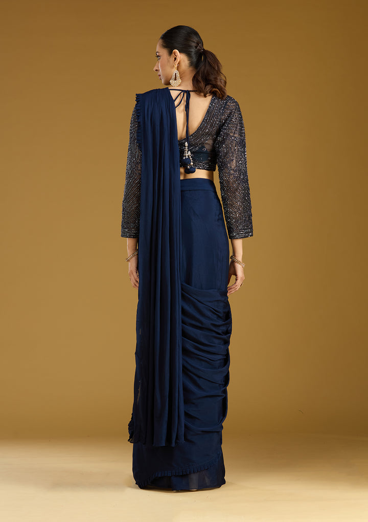 Navy Blue Satin Cutdana Saree With Matching Blouse Piece