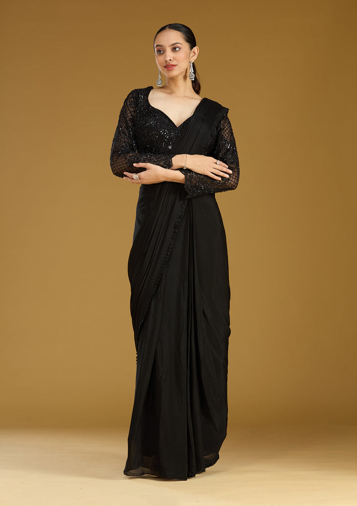 Black Satin Cutdana Saree With Matching Blouse Piece